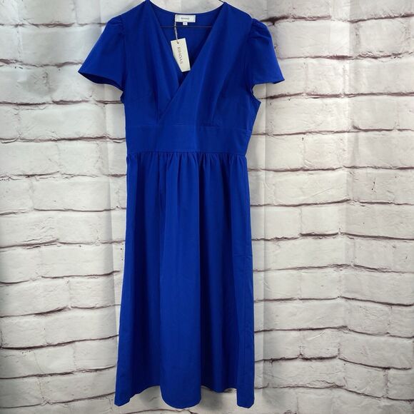 Rihoas Dress Womens Size L The V Neck Puff Sleeve Midi Wrap Blue Minimalist - Picture 1 of 13